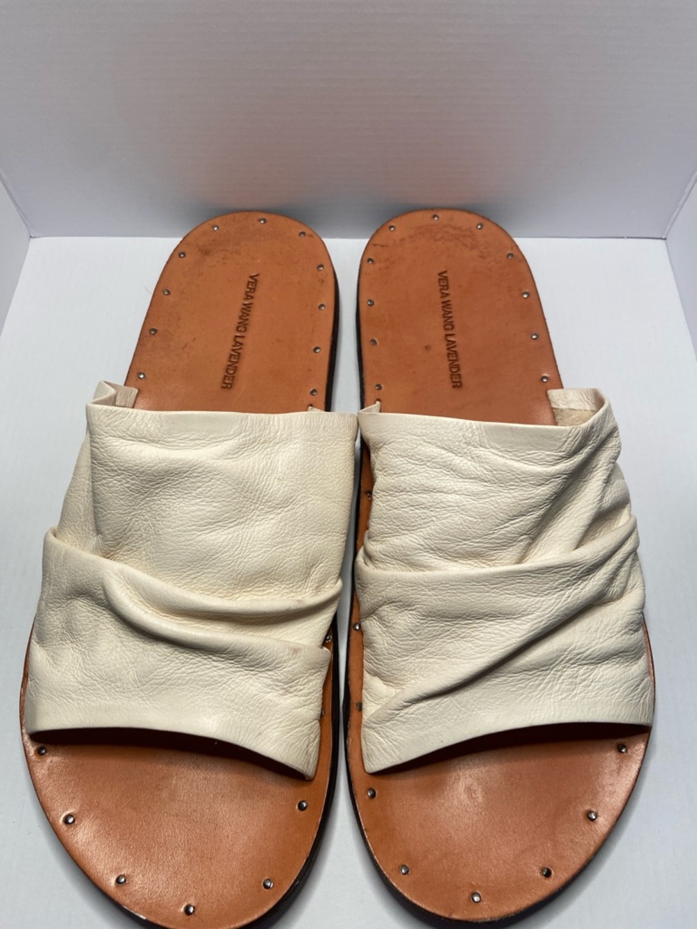 Vera Wang Lavender Label Cream Leather Slide Sandals